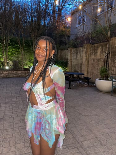 Halibuy Fashion review - Flared Sleeve Tie Dye O Ring Self Tie Halter Low Cut Mini Skirt Set