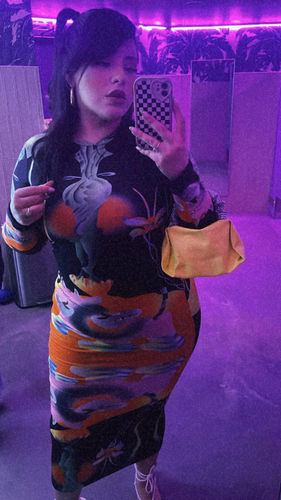 Halibuy Fashion review - Long Sleeve Contrast Abstract Round Neck Midi Dress