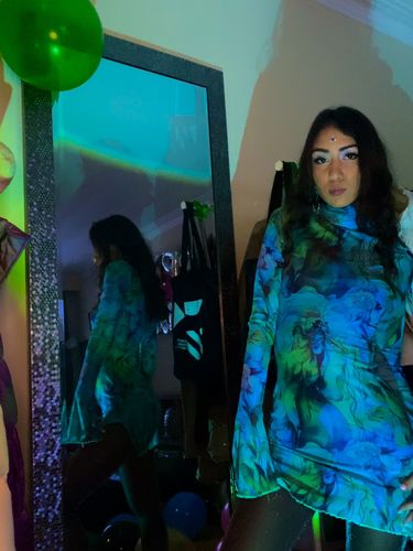 Halibuy Fashion review - Sheer Mesh See Through Print High Neck Slit Long Sleeve Mini Dress