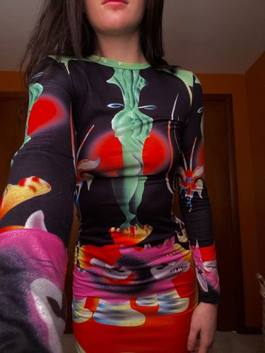 Halibuy Fashion review - Long Sleeve Contrast Abstract Round Neck Midi Dress